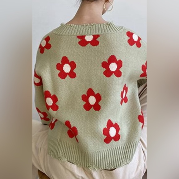 Bailey Rose Distressed Vee Neck Flower Sweater SZ M Mint Green Red - Picture 3 of 10